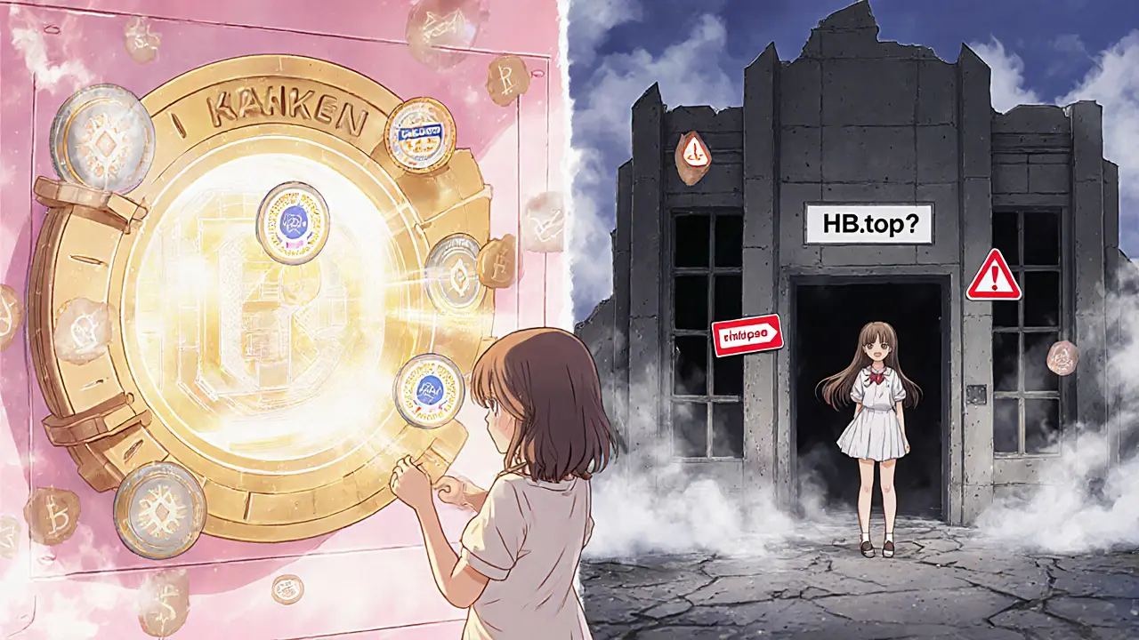 A girl choosing between a secure vault with audits and a crumbling site labeled HB.top, contrasting light and dark.