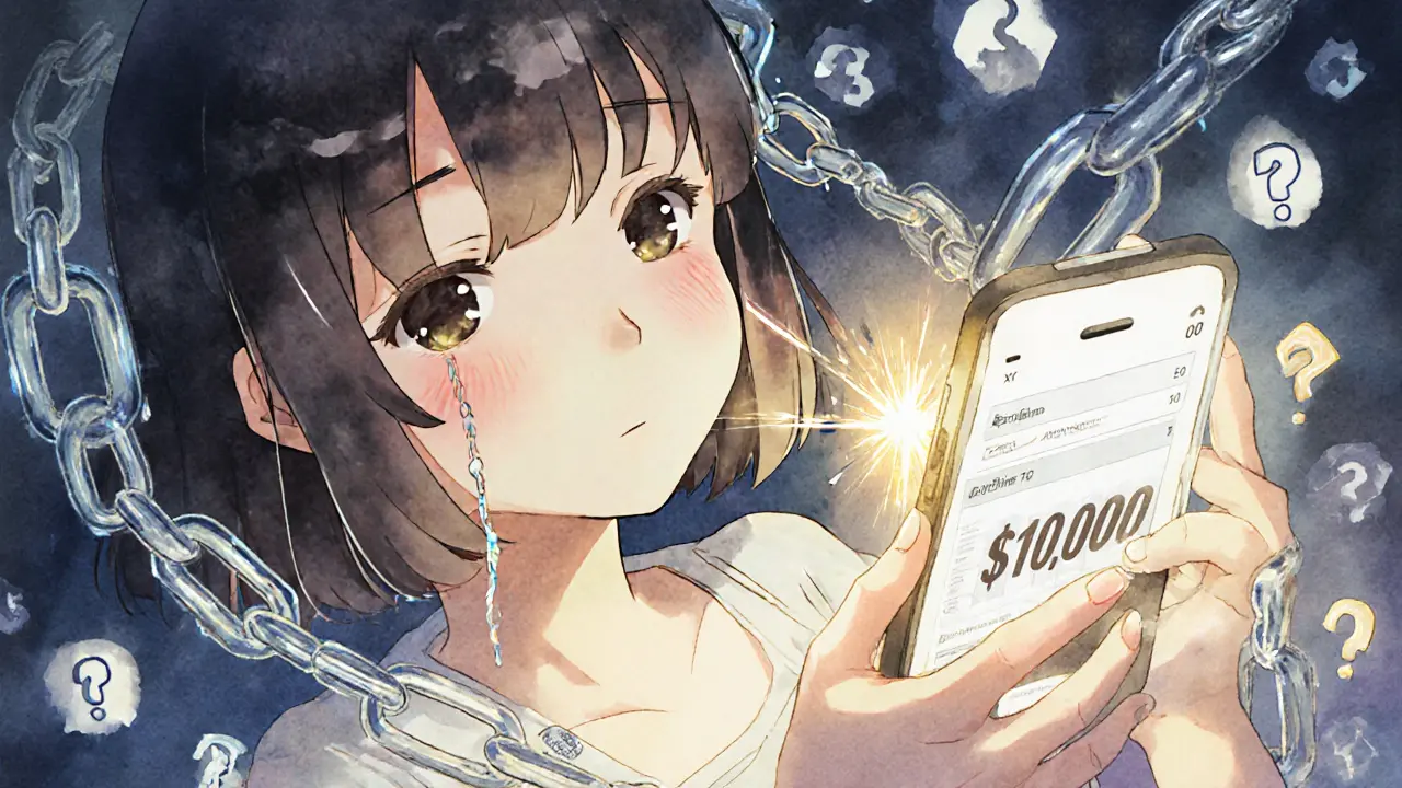 A girl holding a phone showing a collapsing DeFi dashboard, ghostly chains snapping as her balance vanishes.