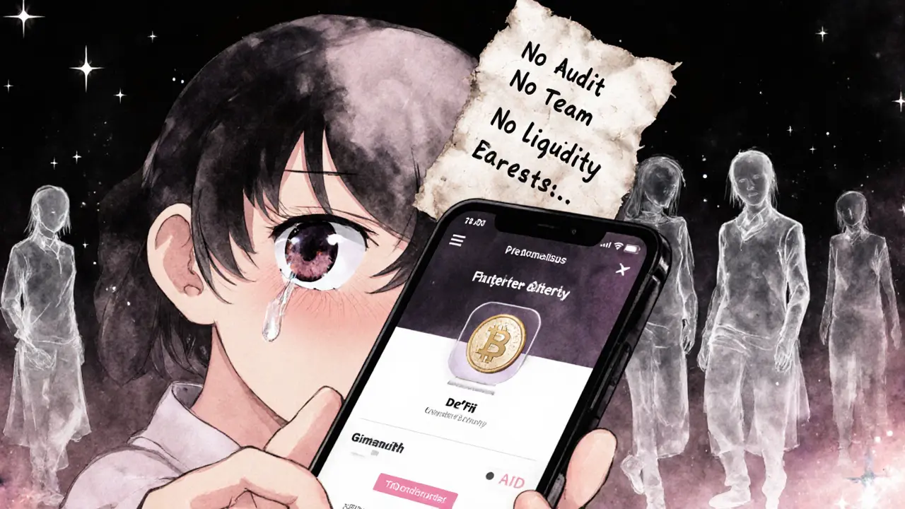 A girl looking at a TRI token on her phone, surrounded by ghostly traders and fading project details.