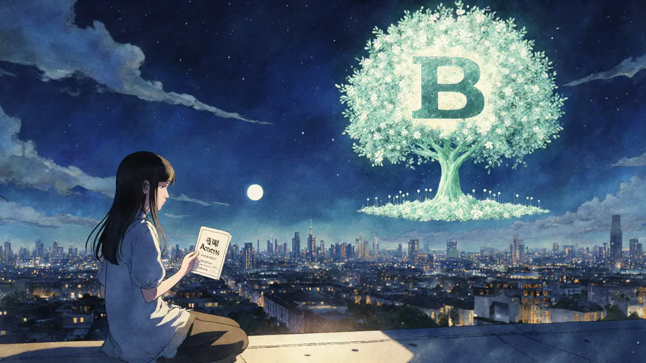 A girl on a rooftop watching a BZZONE logo transform into a blockchain tree under the moonlight.