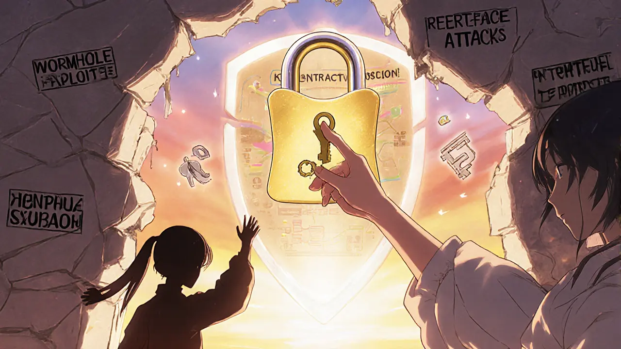 A girl placing a golden key into a lock shaped like a contract map, with shadowy attacks behind and protective shields rising.