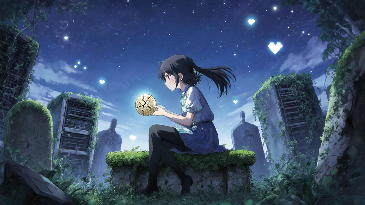 A girl sits in a digital graveyard holding a faded XPY coin as ghostly remnants surround her.