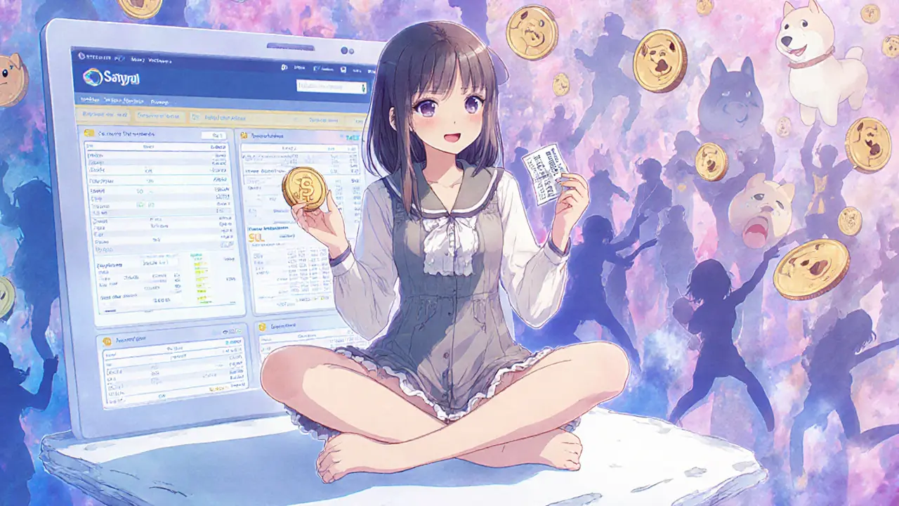 A girl sitting among unsold DRAGON tokens, holding a SOL coin while distant meme coins thrive in a bustling market.