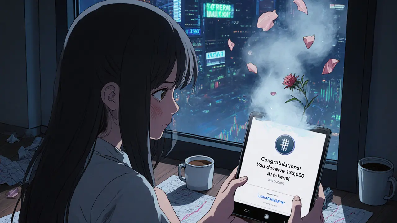 A girl stares at a phone notification for AI tokens, tears reflecting fading crypto signs.