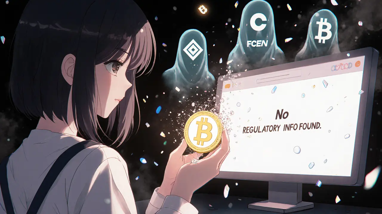 A girl watching her crypto turn to ash as regulatory logos vanish, with trusted exchanges glowing in the distance.