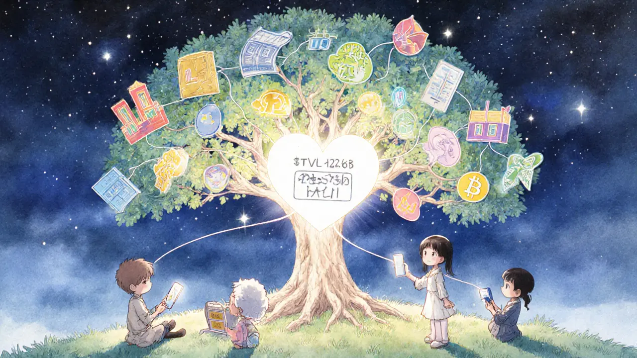 A global DeFi tree with tokenized assets as leaves, connecting people worldwide under a starry sky.