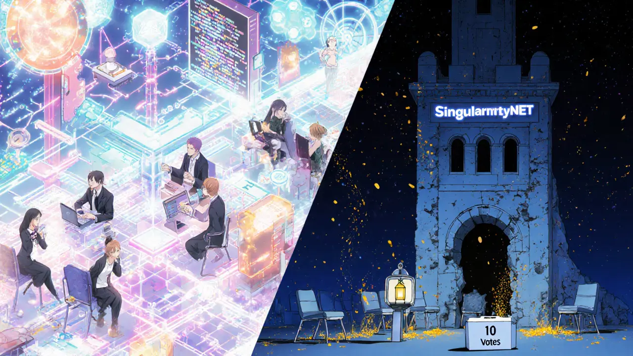 A glowing AI network contrasts with a crumbling tower labeled &#039;Flourishing AI&#039;.