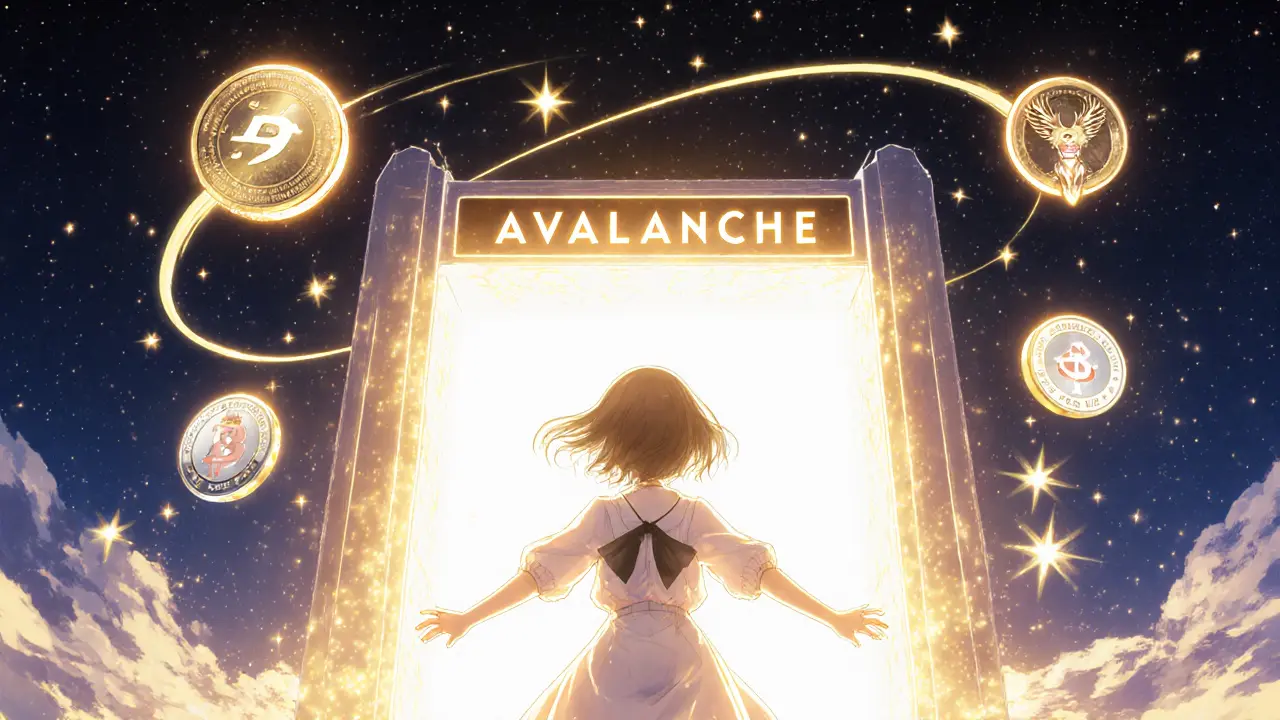 A glowing Avalanche gateway with trusted DEX symbols shining like stars.