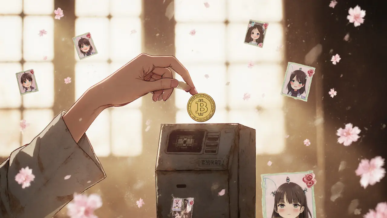 A hand placing a GOO token into a forgotten blockchain terminal surrounded by fading NFT portraits.