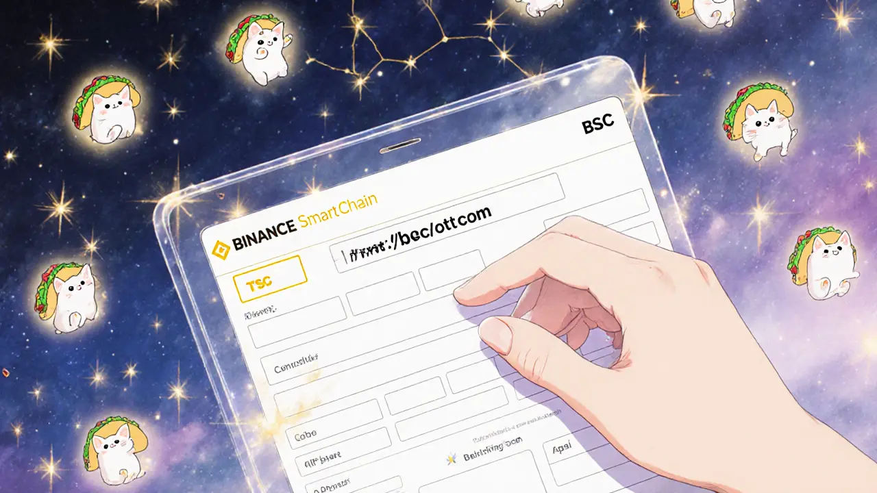 A hand submits a BSC wallet address as cute cat-shaped TCT tokens float nearby with golden sparkles.