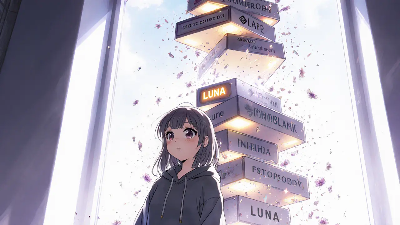 A Jenga tower of smart contracts crumbling after one block is removed, a girl watches in shock.