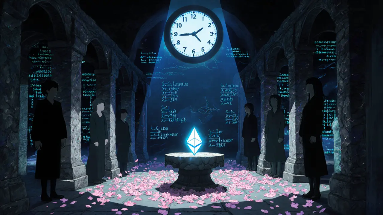A lone DIGG token glows on an altar in a forgotten DeFi temple, surrounded by fading memories of holders.