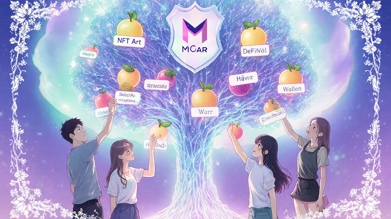 A magical blockchain tree with project-themed fruits, guarded by a MiCAR license shield, as investors reach to collect them.