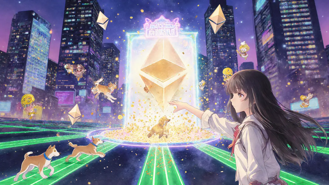 A magical portal called Shibarium connects a city to NFTs and dog-themed digital assets.