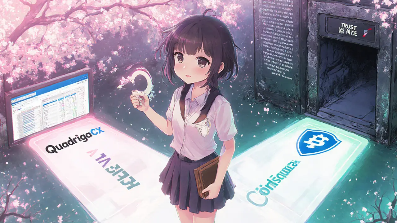 A trader chooses a safe path forward, holding a hardware wallet as old exchange logos fade away.