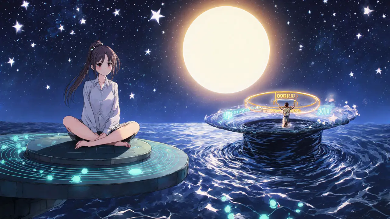 A trader sits above a starlit order book ocean, with limit orders as constellations and market orders as dangerous whirlpools.