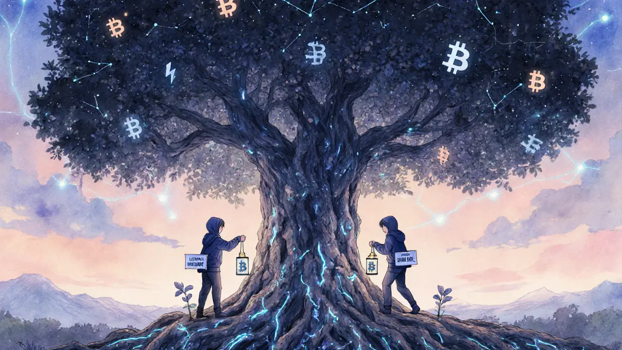 A tree with blockchain roots grows toward the stars, with figures planting nodes like seeds.