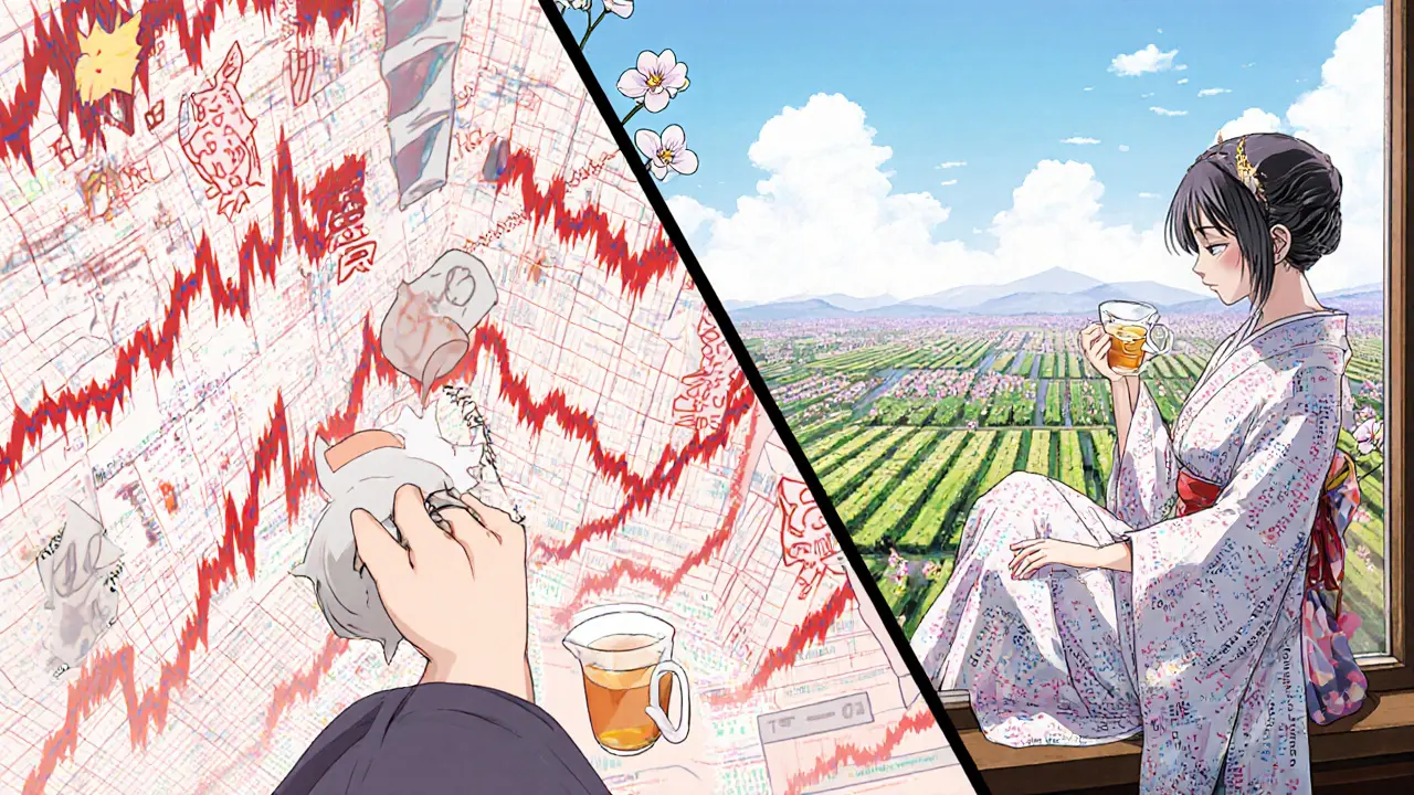 A user relaxes as a code-kimono AI spirit guides her through a peaceful Solana landscape, contrasting chaotic DeFi charts.