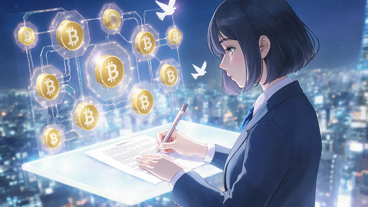 A young investor signs a contract as golden legal structures unfold like origami behind her.