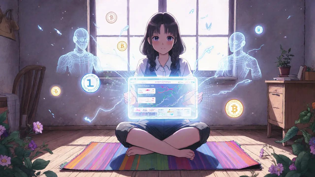 A young woman in Asia watches glowing DeFi stats on her phone, with AI helpers floating like friendly spirits.