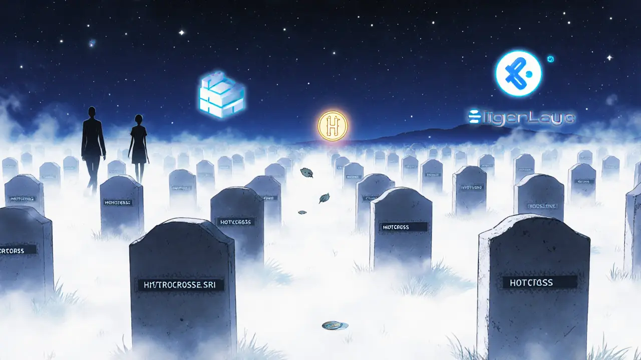 An empty digital graveyard with tombstones for HOTCROSS wallets, a single token drifts down amid fading project logos.