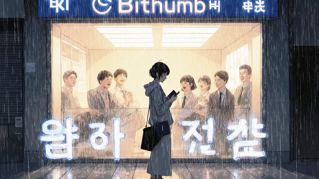 An international traveler blocked by glowing Korean text outside a Bithumb office in Seoul.
