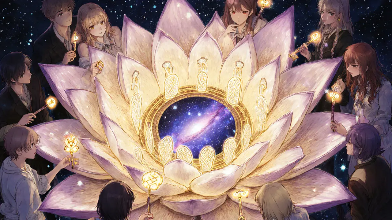 Characters placing NFT keys into a lotus-shaped console to unlock a metaverse mining portal.