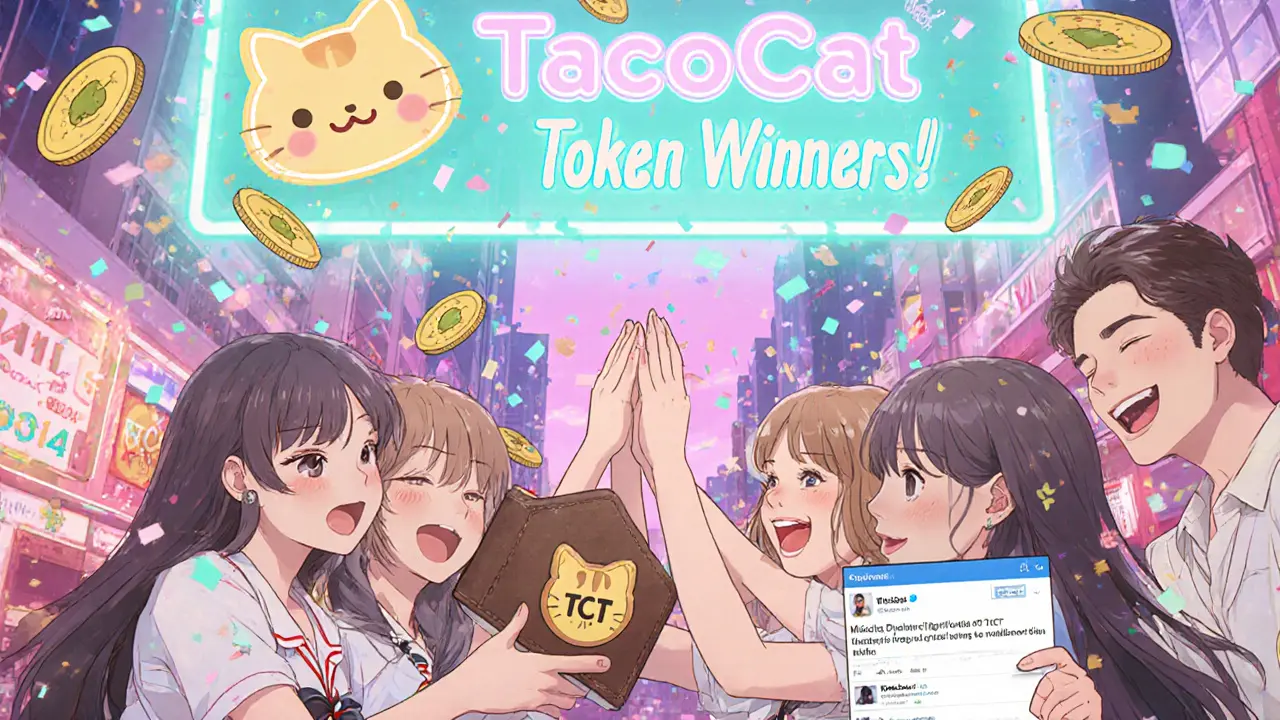 Friends celebrate winning TacoCat Token airdrops as digital tokens rain down around them under a neon sign.