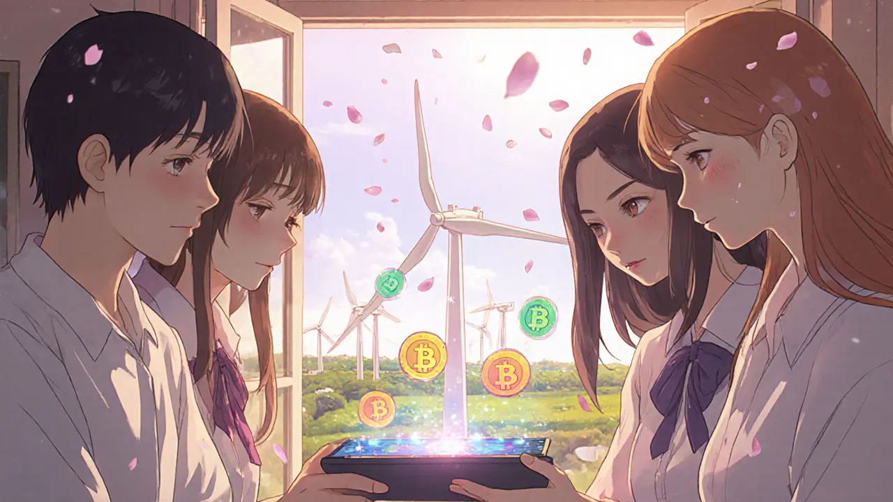 Friends watch digital tokens form from a wind farm on a tablet in a sunny café.