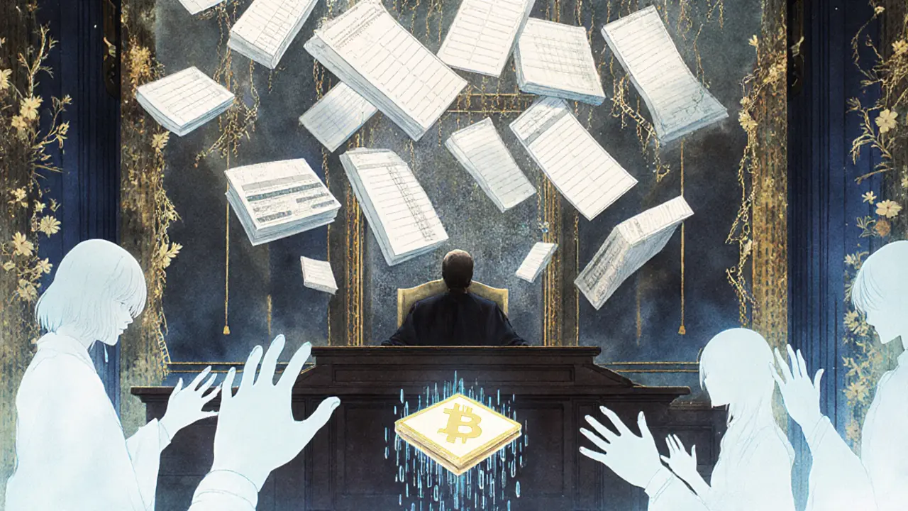 Ghostly users reach toward floating ledgers in an empty courtroom filled with digital chains.