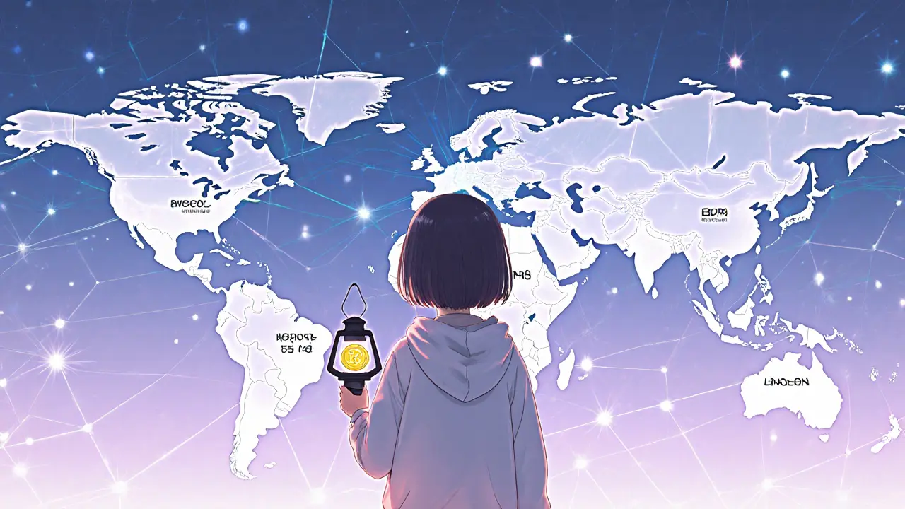 Glowing threads connect global cities through a blockchain lattice, symbolizing non-USD stablecoin swaps.