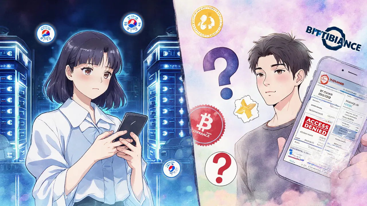 Split scene: Korean user with secure trading interface vs. foreigner facing a broken English app.