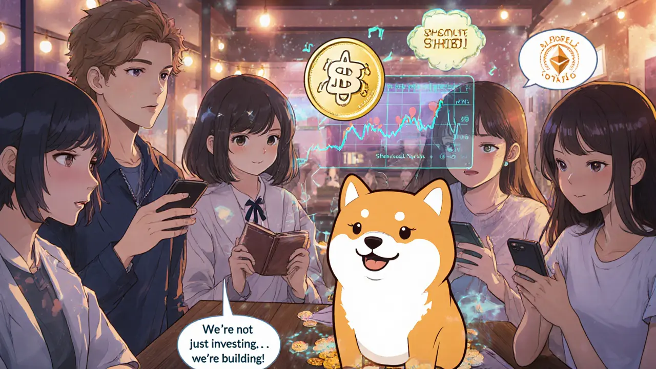 Teenagers in a café celebrate donating SHIB tokens to a dog shelter with holographic price charts.