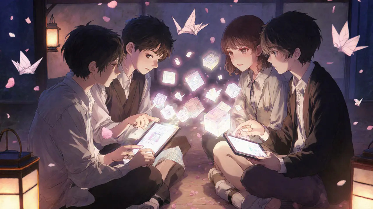 Teenagers share floating blockchain blocks in a warm room, representing peer-to-peer consensus.