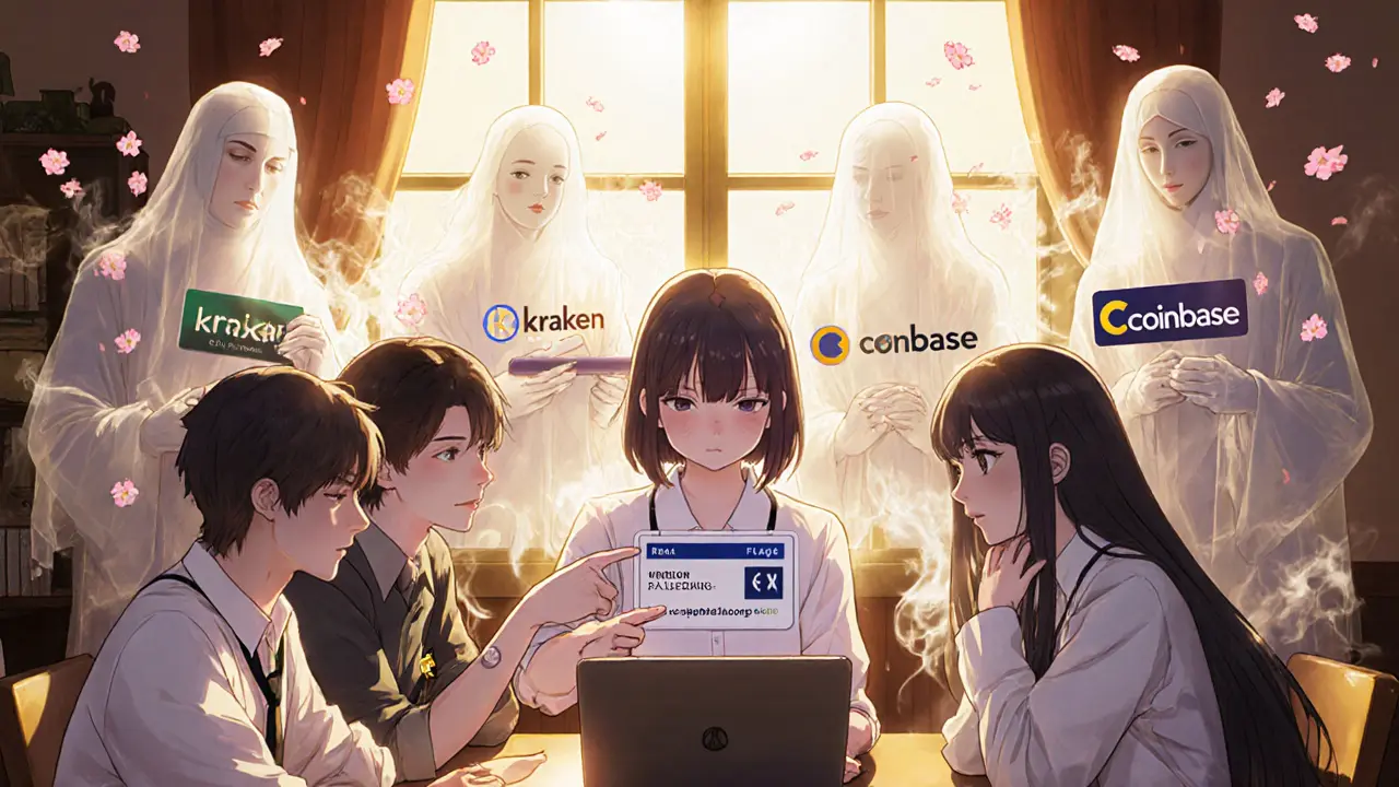 Teens learning about crypto safety as ghosts of victims fade away, replaced by trusted exchange logos in sunlight.