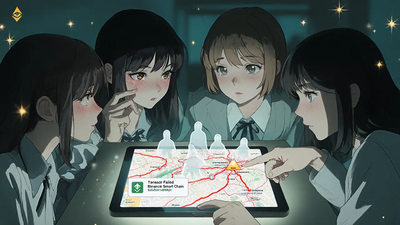 Teens stare at a chaotic cross-chain transaction map with warning signs and a faint trace path glowing green.