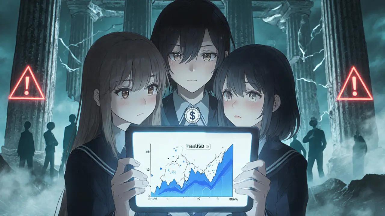 Teens watch a collapsing TerraUSD graph, ghostly traders fading around them in a blue-lit room.