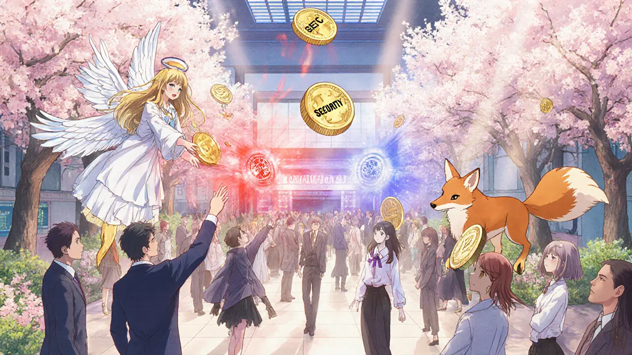 Traders in a garden-like exchange reaching for floating tokens labeled &#039;Security&#039; or &#039;Commodity&#039; as angelic and fox-like spirits guide them.