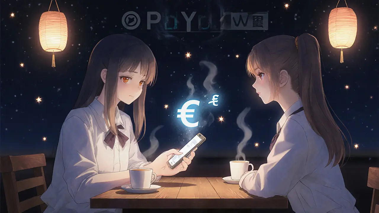 Two friends in a café watch a euro transform into yen on a holographic screen, warm lantern light glowing softly.
