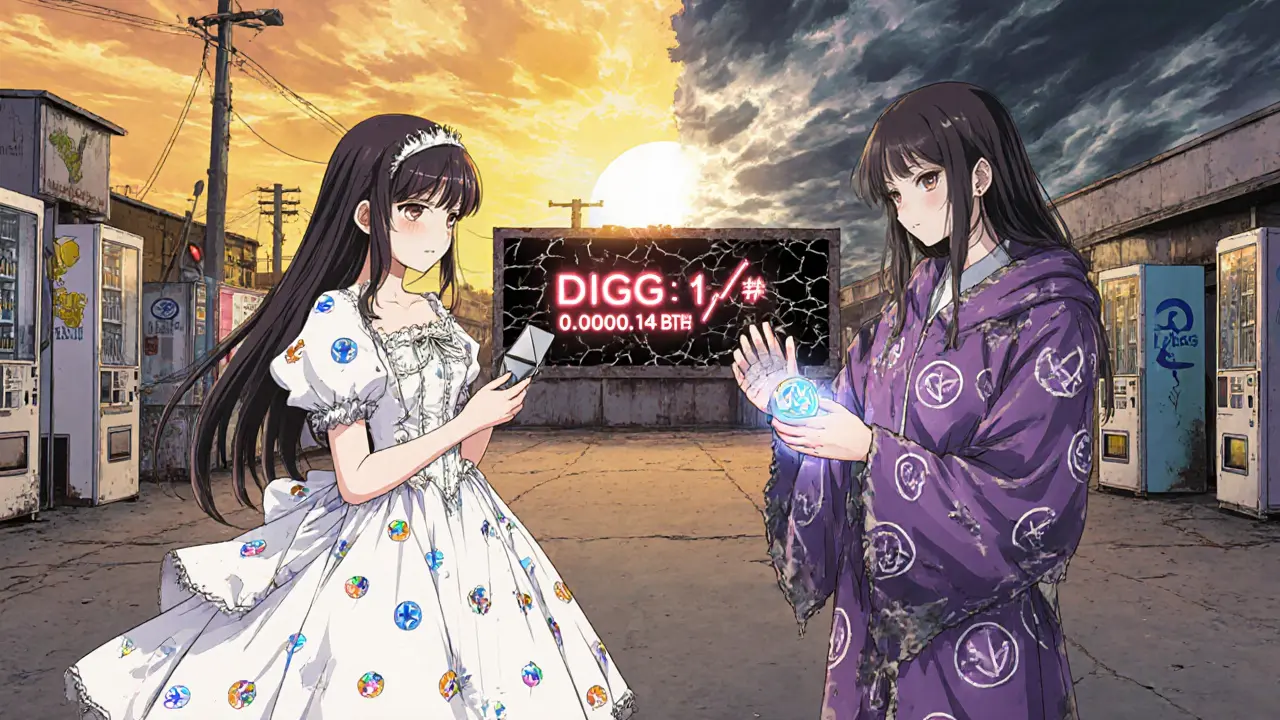 Two girls in a digital marketplace: one with WBTC, calm and bright; the other with crumbling DIGG, fading into ash.
