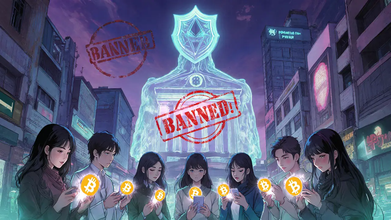 Youth in a Pakistani market using mobile wallets with crypto symbols, while a shadowy bank figure blocks buildings and a small PVARA shield glows above.