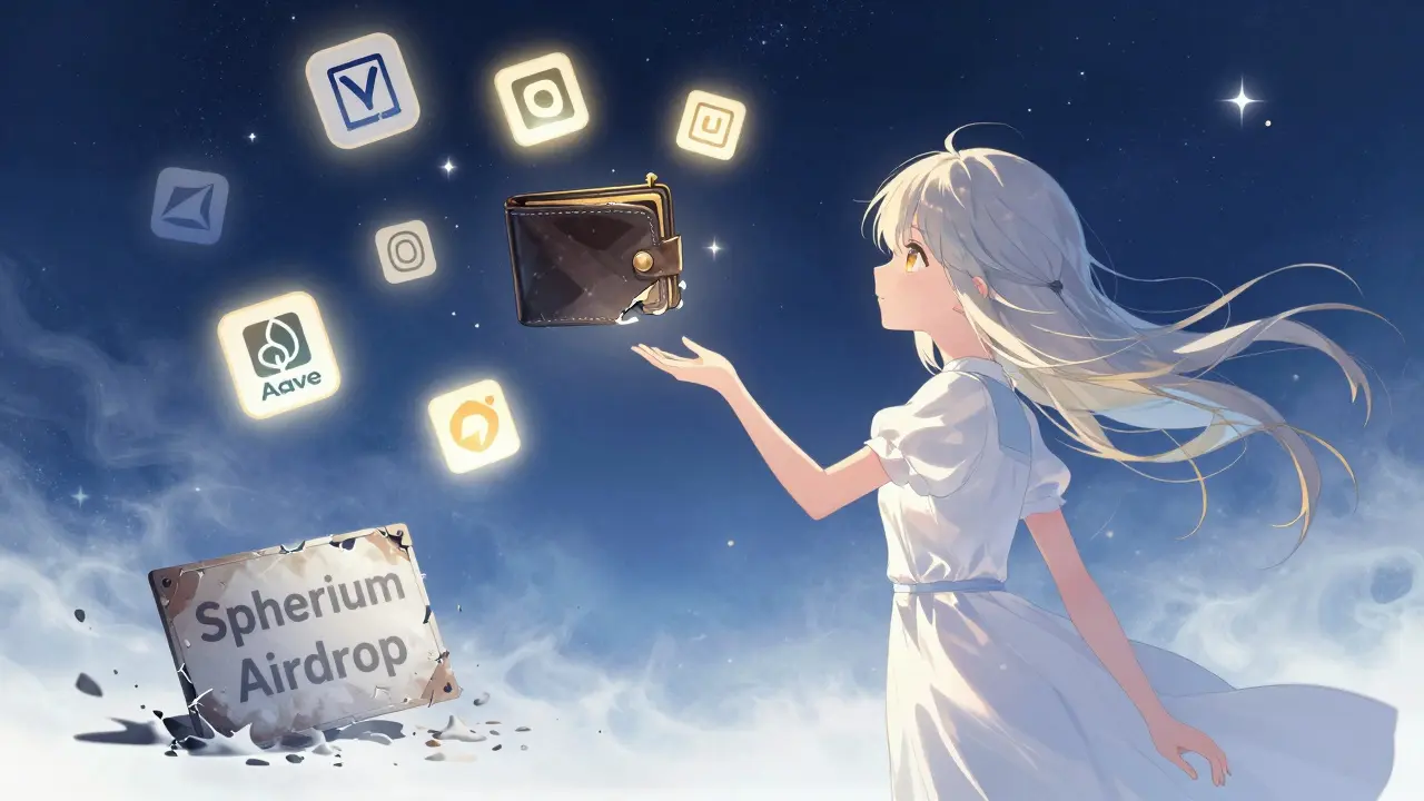 A broken wallet in a starry void, real DeFi projects glowing nearby as a fake airdrop sign crumbles to ash.