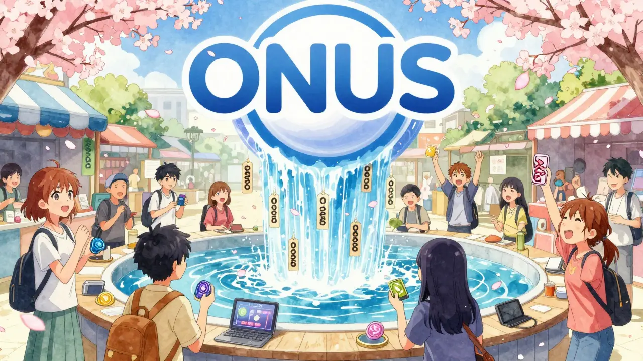 A bustling digital marketplace with floating ONUS tokens and price tags, users trading as sakura petals swirl around them.