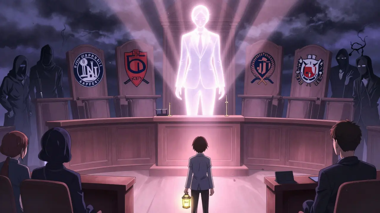 A CEO faces a regulatory tribunal while shadows of risk loom, with a trader holding a lantern labeled '2FA?' below.