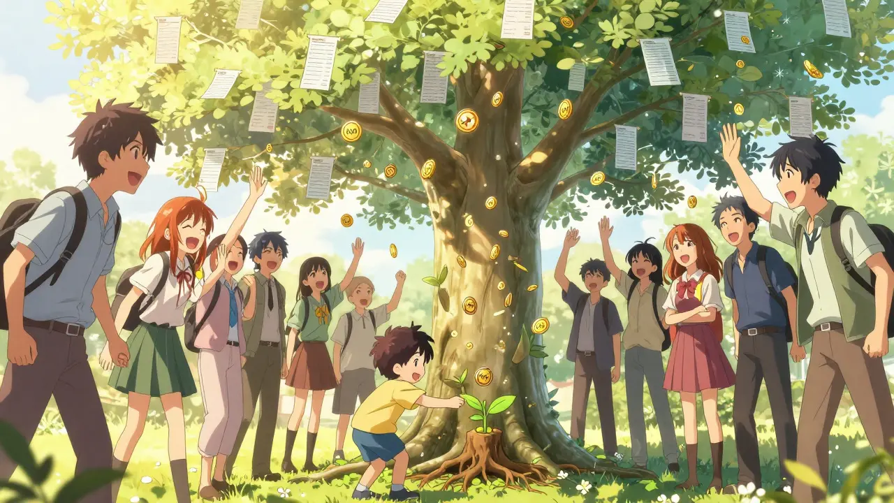 A community gathering under a tree made of voting ballots, with KSM coins raining down.