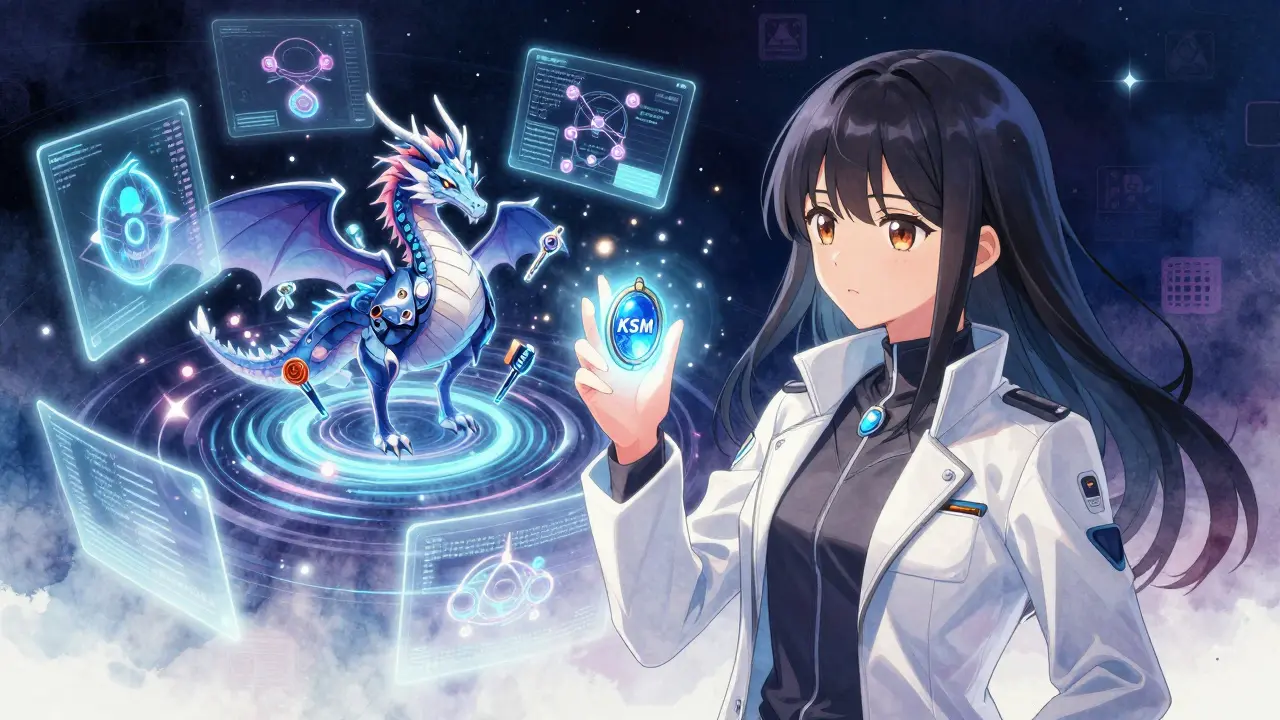 A female developer casting a KSM token into code, with nested NFTs forming a dragon.