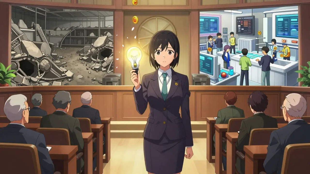 A female minister holds a lightbulb powered by hydropower as digital coins turn to petals, with contrasting scenes of mining halls and thriving tech hubs behind her.