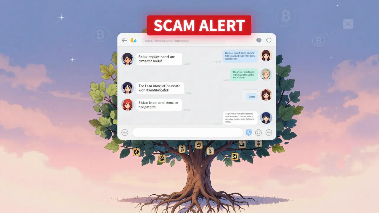 A floating Telegram chat with users warning about crypto scams, a digital tree growing from transaction logs, USDT leaves shimmering in the air.