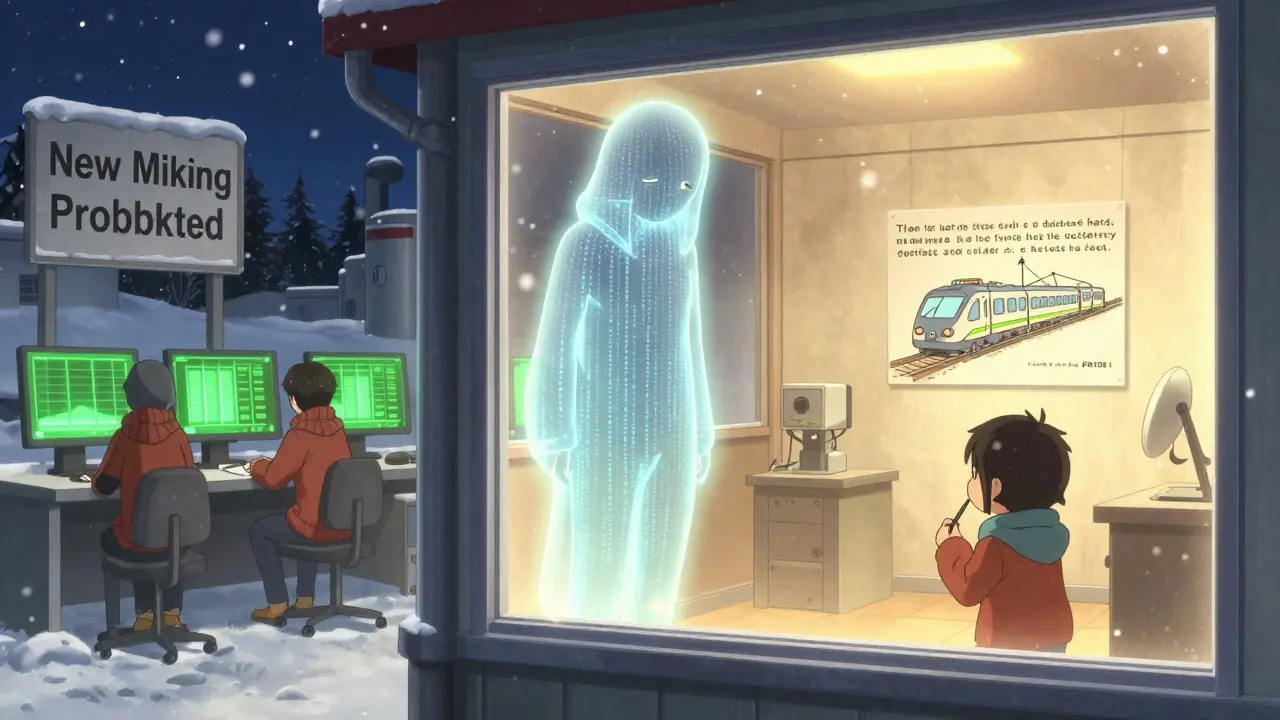 A ghostly crypto miner fades beside a warm factory window where engineers monitor renewable energy displays, snow falling gently outside.