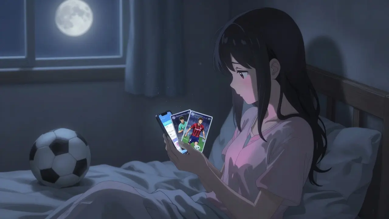 A girl holding two faded NFT cards in her bedroom, moonlight casting calm shadows over a forgotten football.